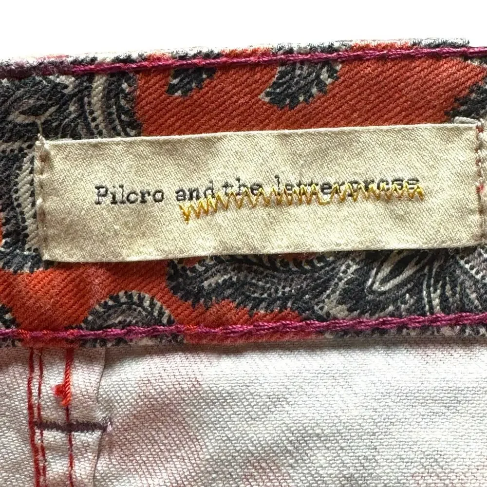 Pilcro Anthropologie Coral Paisley Denim Pencil Skirt Rust Red 29